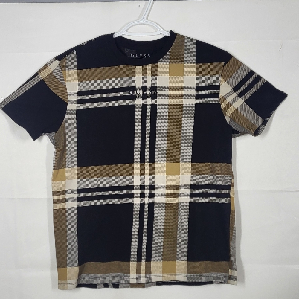 GUESS Men's Short Sleeve Plaid Tee — Black, Tan & Gray- Guess Los Angeles Logo